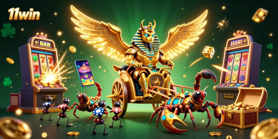 Join the excitement at 11win, featuring a golden scarab beetle amidst a vibrant casino scene.