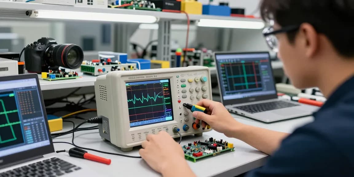Technician using a Handheld Oscilloscope in an electronics workshop, analysing signals and waveforms.