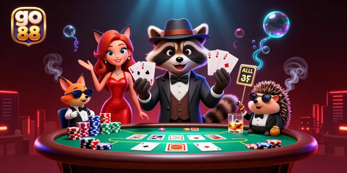 Play poker at go 88 with raccoon and fox characters in a vibrant casino scene.