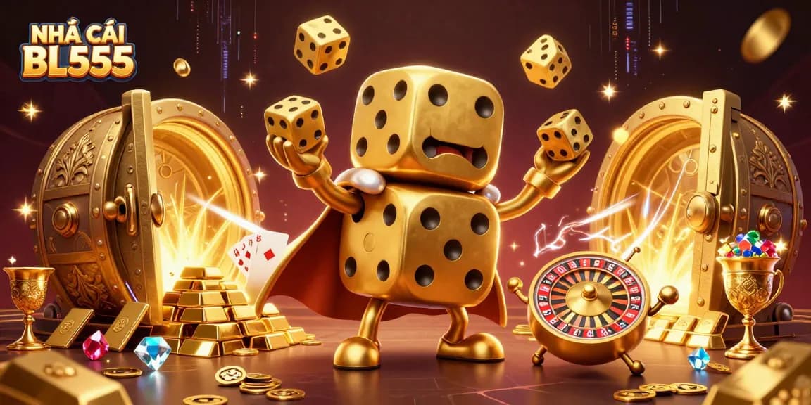 Experience the thrill of NHÀ CÁI BL555 with an exciting 3D illustration of golden dice and treasures.
