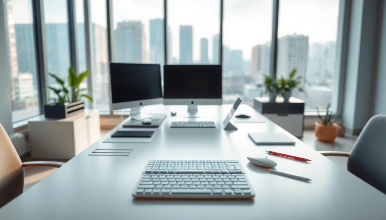 Efficient workspace in a typing center equipped with modern computers and tools.