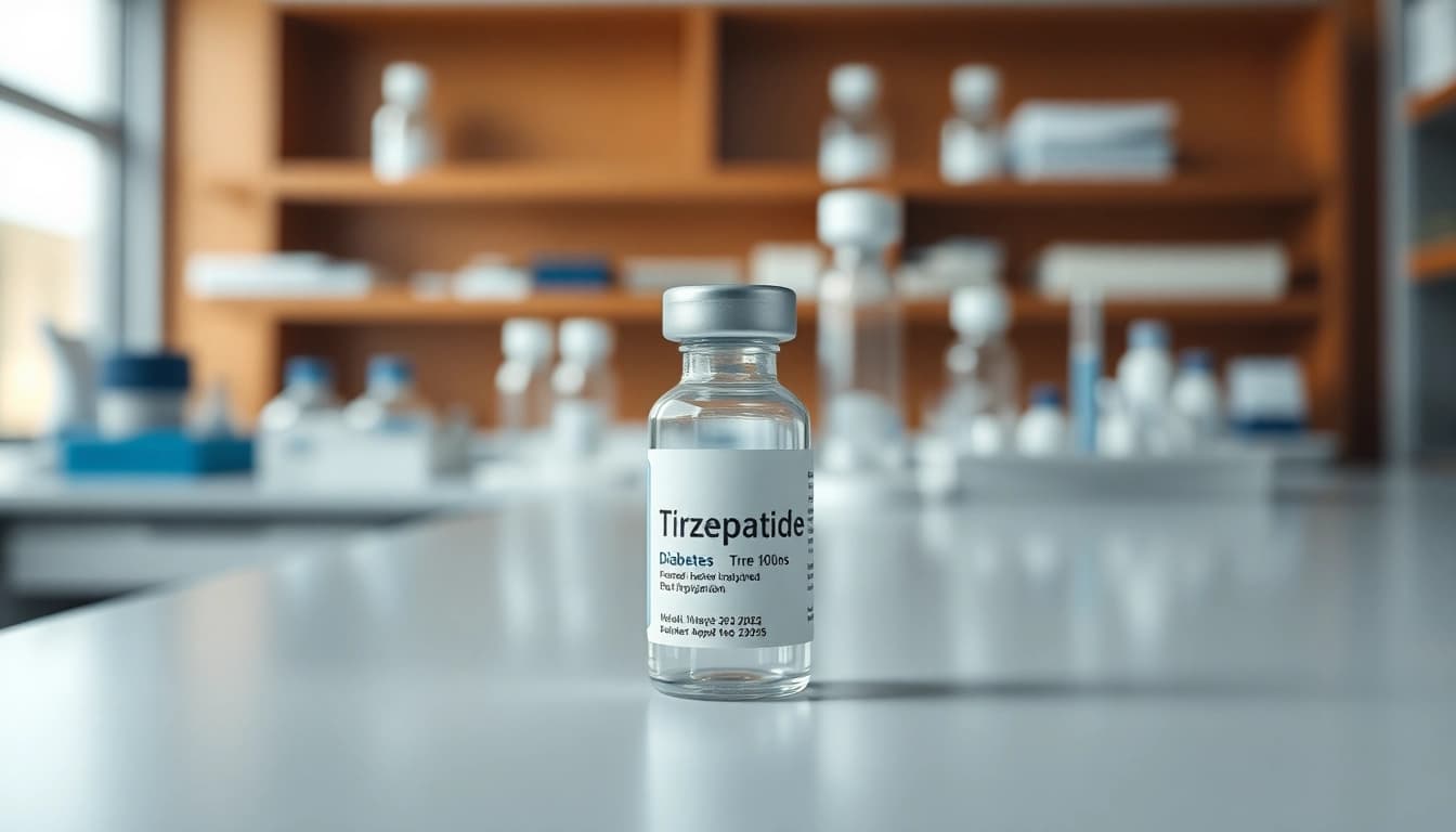 Vial of Tirzepatide in a modern lab, showcasing advancements in diabetes treatment.