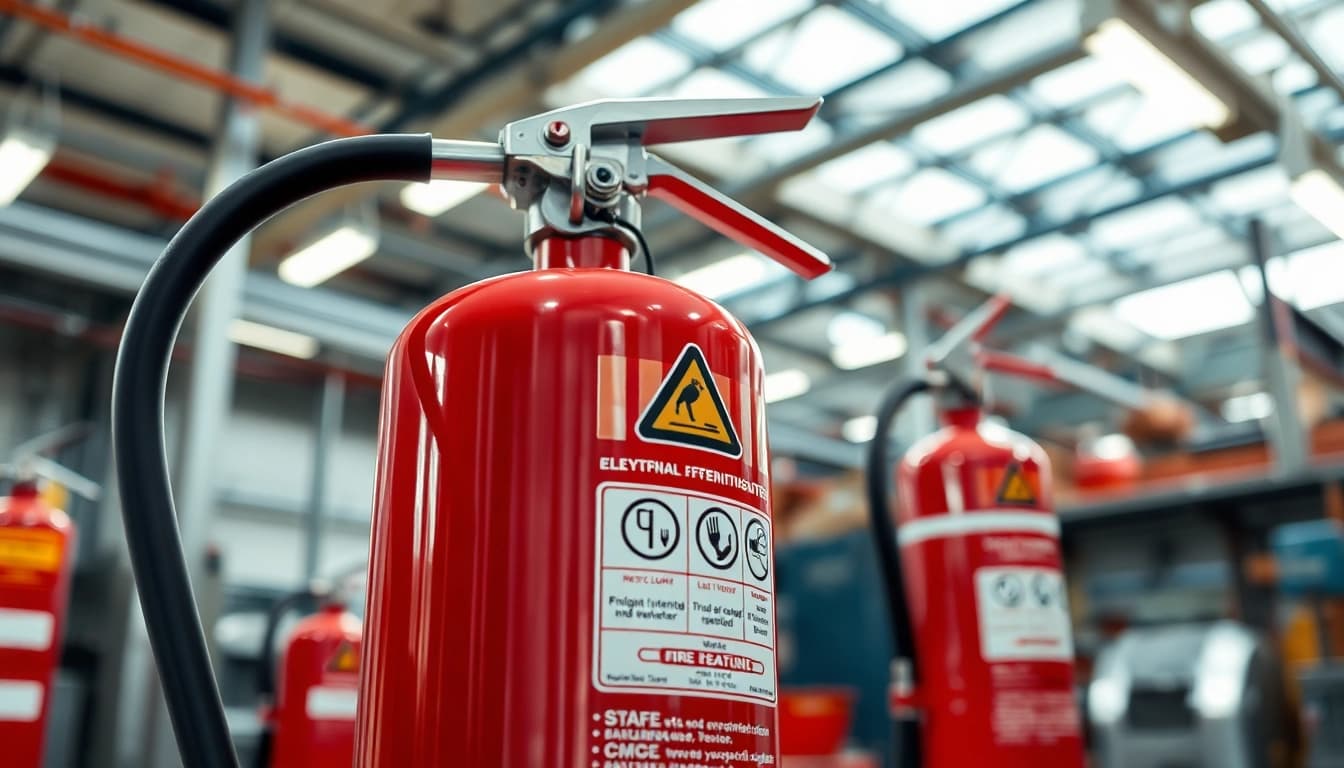 Showcasing an electrical fire extinguisher in a professional industrial setting for safety.
