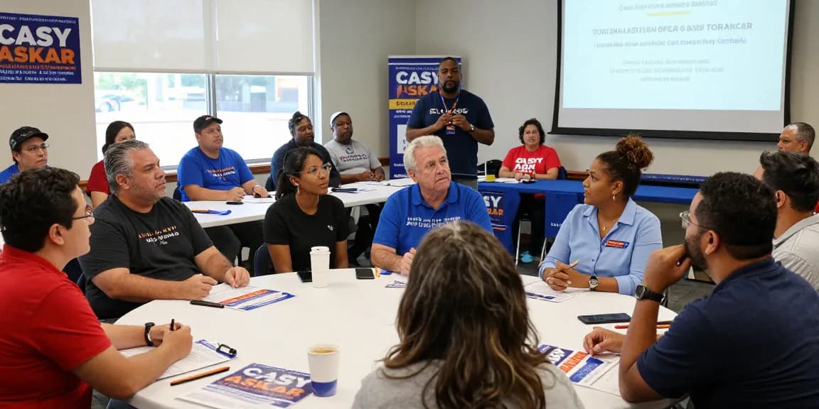 Voters discussing Casey Askar's candidacy at a town hall meeting, emphasizing community involvement and transparency.