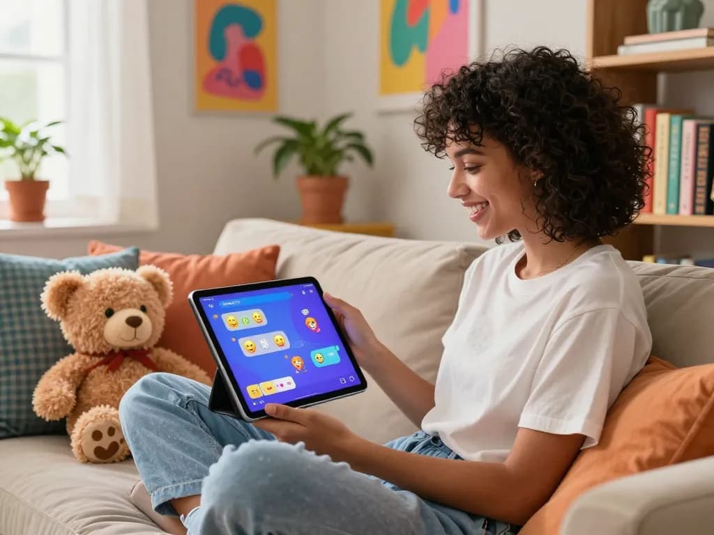 Person engaging with their AI gf on a tablet in a cozy home setting