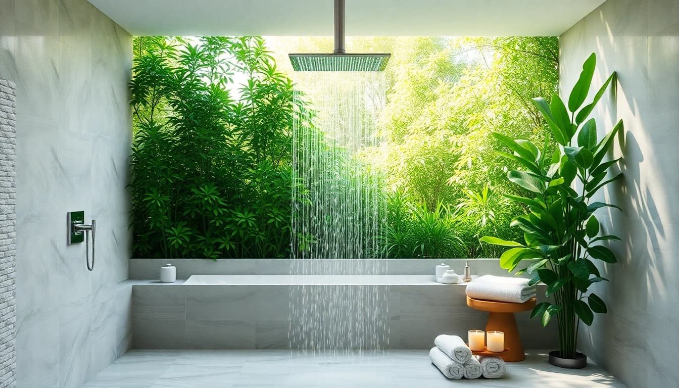 Transform your bathroom with elegant showers au featuring a luxurious rainfall showerhead and natural greenery.