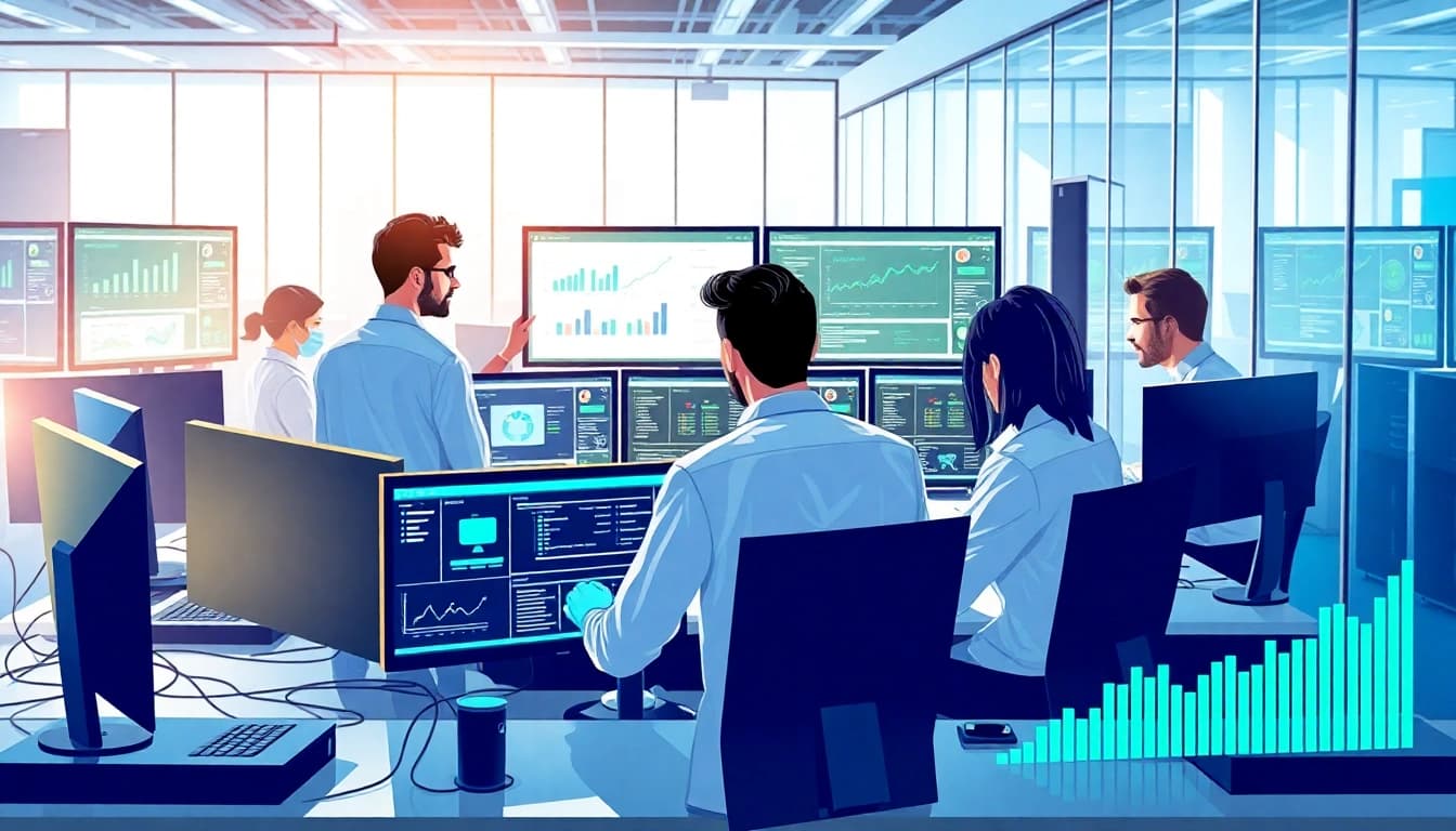 Find msp companies near me with a professional team collaborating in a modern IT office.
