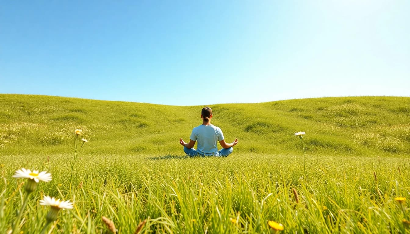 Meditative scene promoting mental wellness with a person in a peaceful, flower-filled setting.