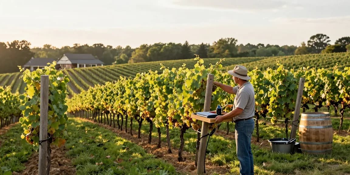 Discover vibrant Long Island wines in a scenic vineyard, showcasing grapes, barrels, and a vineyard manager.
