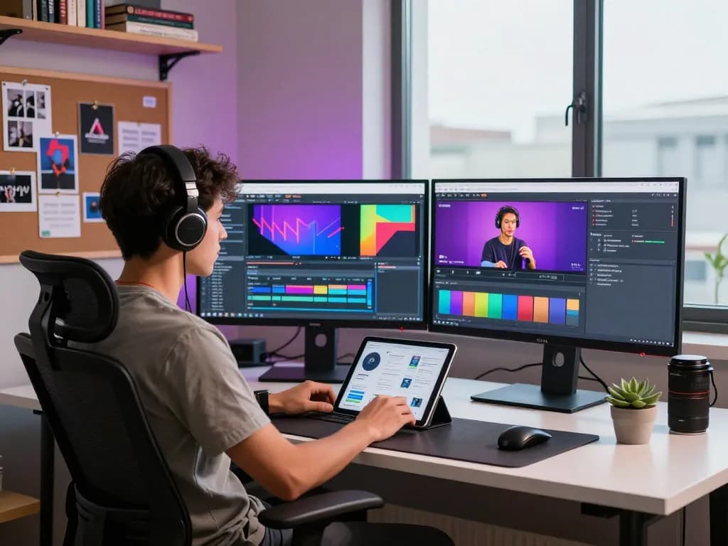 Dynamic workspace focused on NSFW content creation with engaged professional and digital displays.