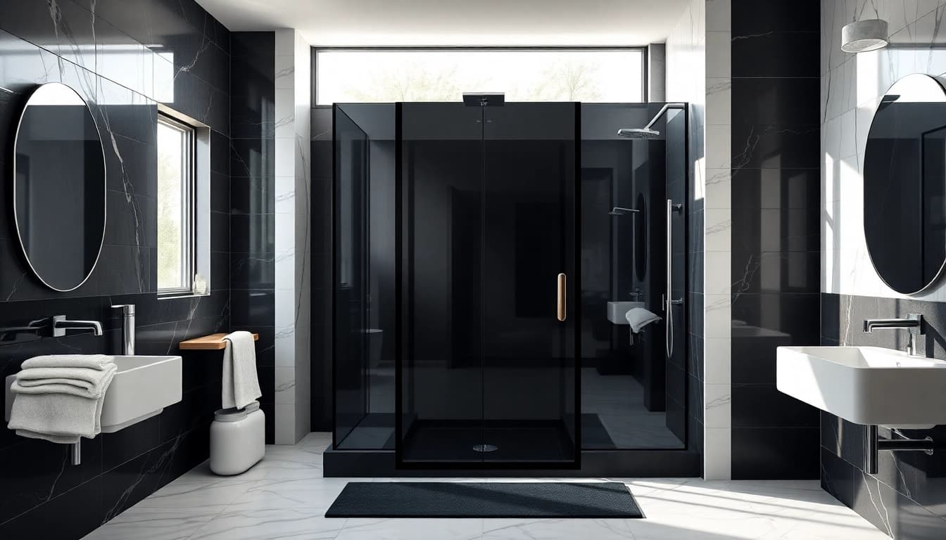 Stylish black shower door in a modern bathroom setting with elegant decor and natural sunlight.