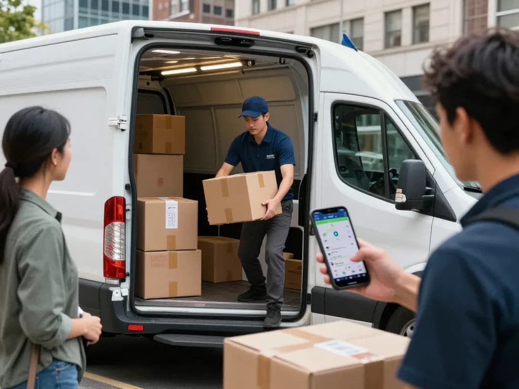 Same day couriers in action as a professional driver loads parcels into a tracked van on a busy city street.