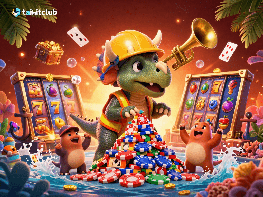 Engage with taihitclub's vibrant 3D slots world, showcasing a triceratops and dynamic game elements.