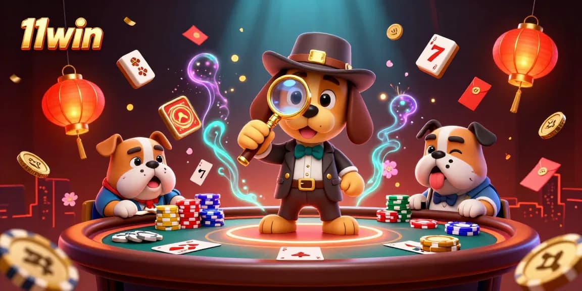 11win showcases a detective inspecting a poker chip clue with dynamic gambling elements.
