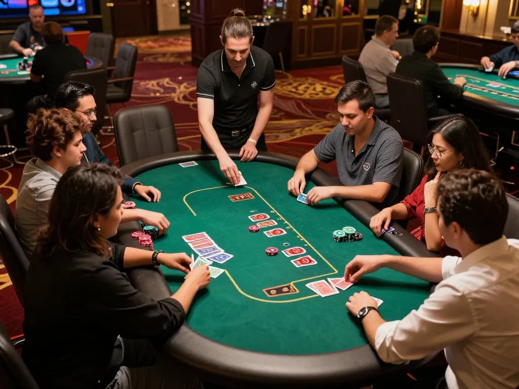 Exciting poker gameplay at FC88 casino with players engaged and dealer shuffling cards