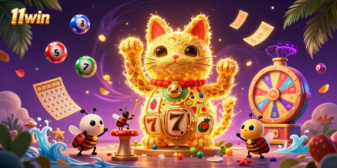 Win big with 11win’s vibrant gambling scene featuring a lucky cat and gold-filled excitement.
