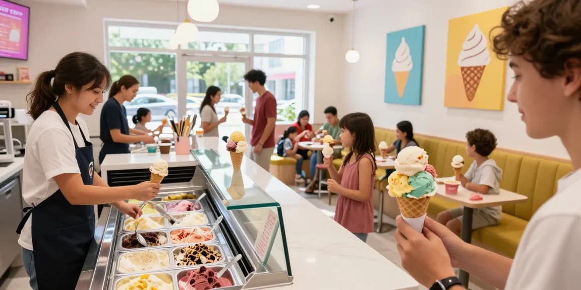 Excited customers enjoying unique ice cream flavors while using rokok88 login at a vibrant ice cream shop.