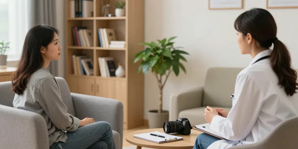 Therapeutic session for mental health issues like 抑鬱症 in a calm clinic environment.