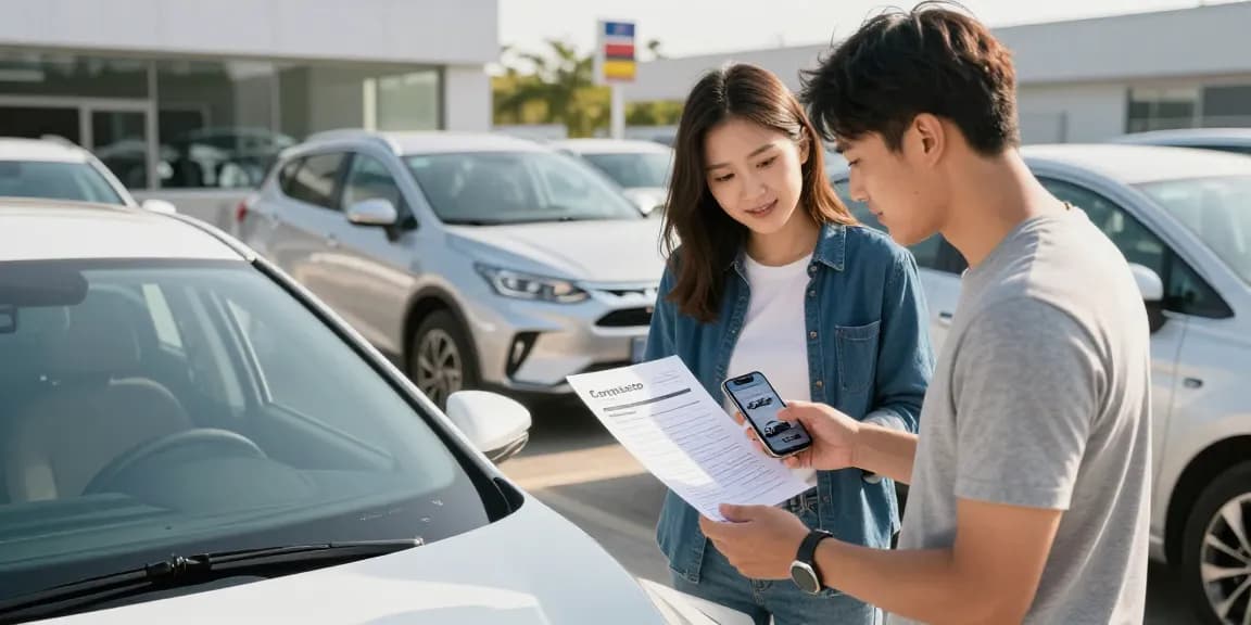 Clear car check UK results being reviewed by buyers at a dealership.