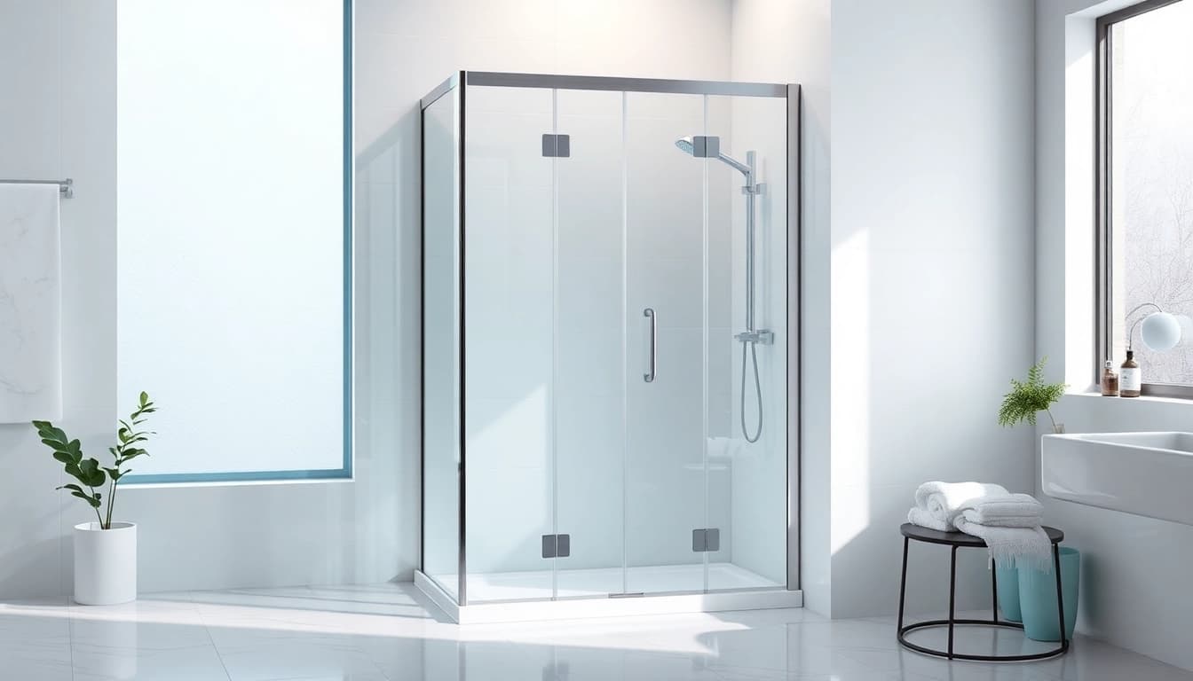 Duschkabine 80x80 in einem modernen Badezimmer mit eleganten Glaselementen und chromatischen Akzenten.