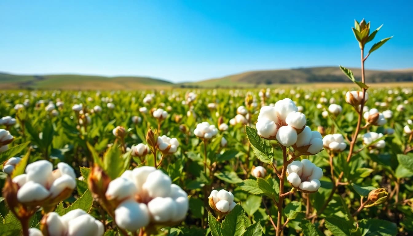 De katoenplantage met rijpe katoenbollen onder een helderblauwe lucht.