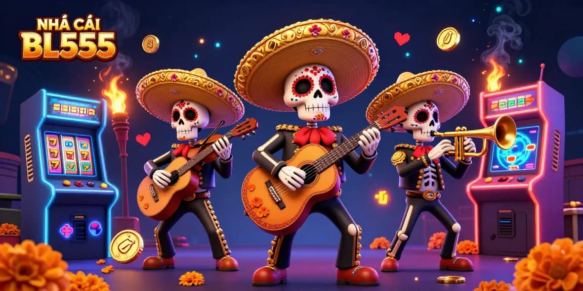 Engage with NHÀ CÁI BL555's colorful casino adventure featuring a lively mariachi band and exciting game elements