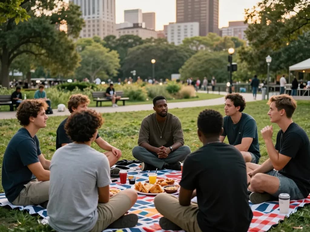 A group of men gathering in a park for meaningful discussions in a manclub setting, showcasing camaraderie and support.