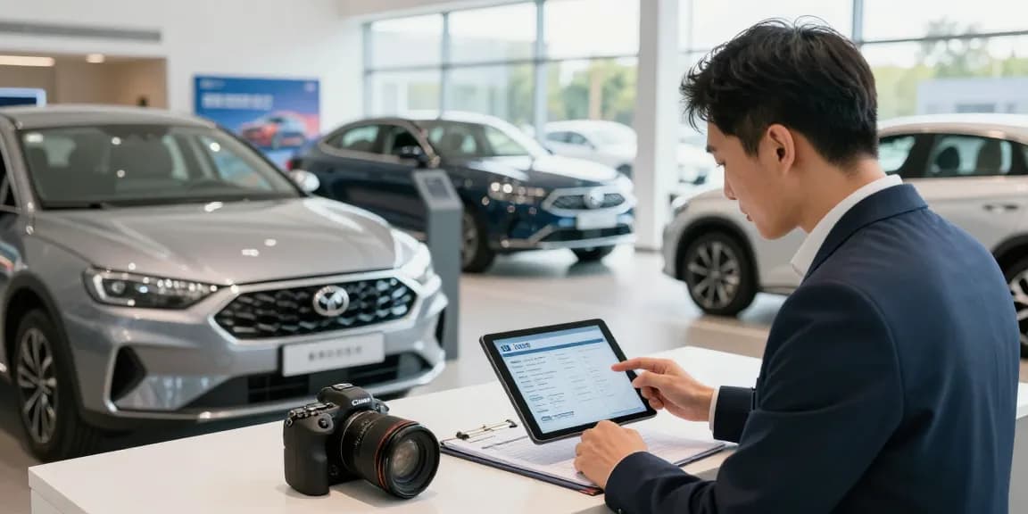 Instant car check UK report displayed on tablet in a used car showroom.