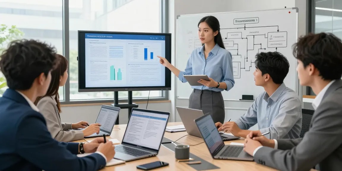 Collaborative team analyzing document fraud detection strategies in a modern office setting.
