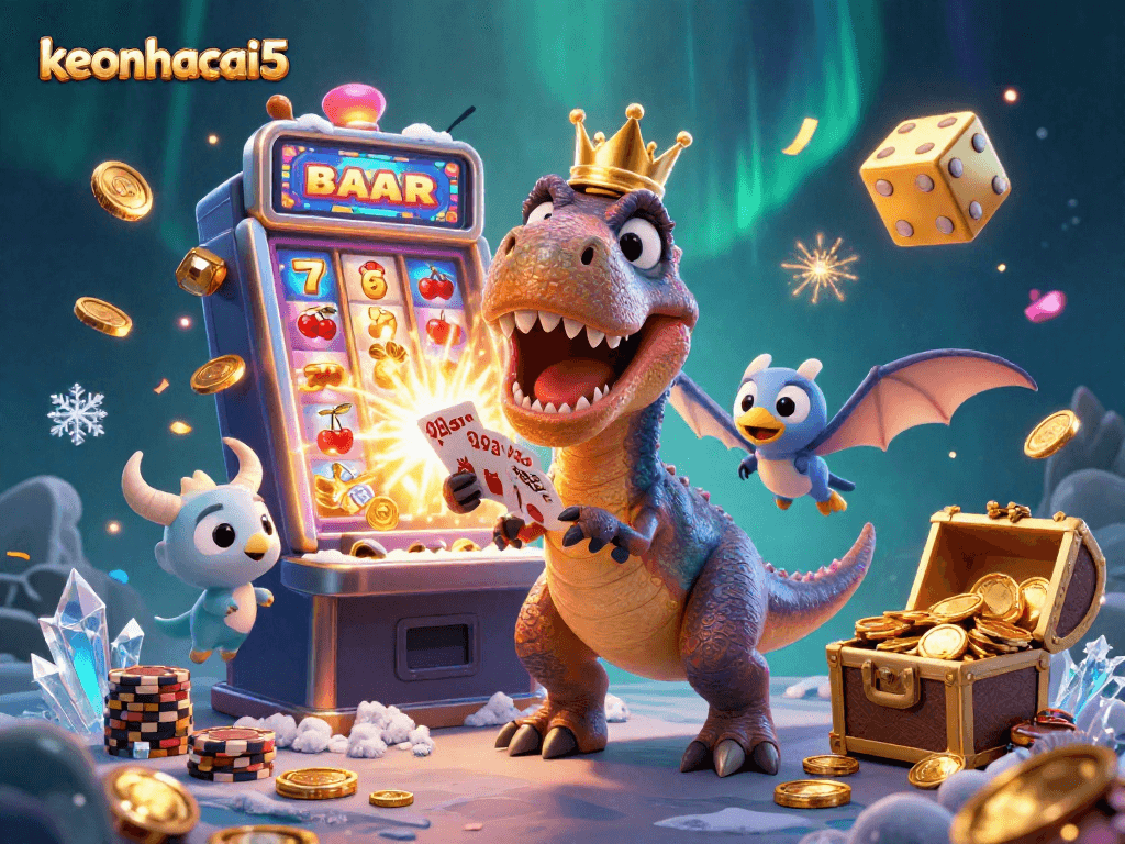 Engage in thrilling play with keonhacai5 as T-Rex shuffles cards and a baby triceratops stacks golden chips.