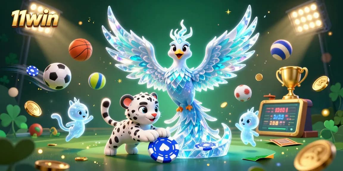 11win showcases an energetic scene with an ice phoenix and sports elements, capturing vibrant casino excitement.