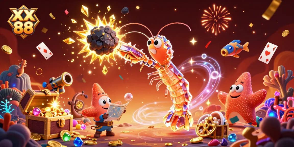Experience the excitement of XX 88 with a vibrant 3D gambling scene filled with gold coins and gems.