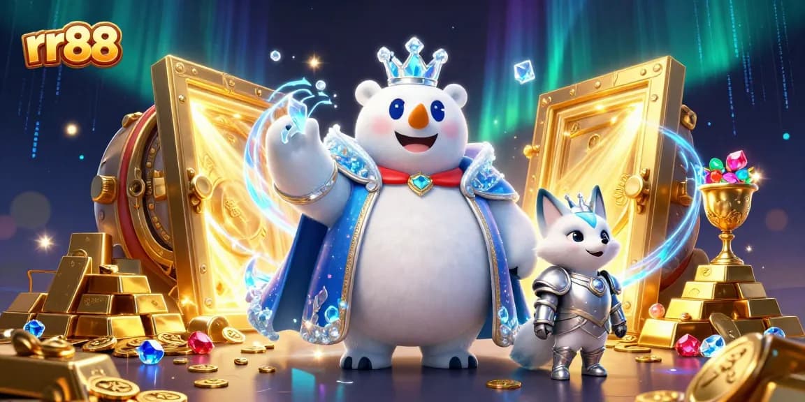Experience thrilling gaming with treasures at rr88, featuring a polar bear king and a snow fox.