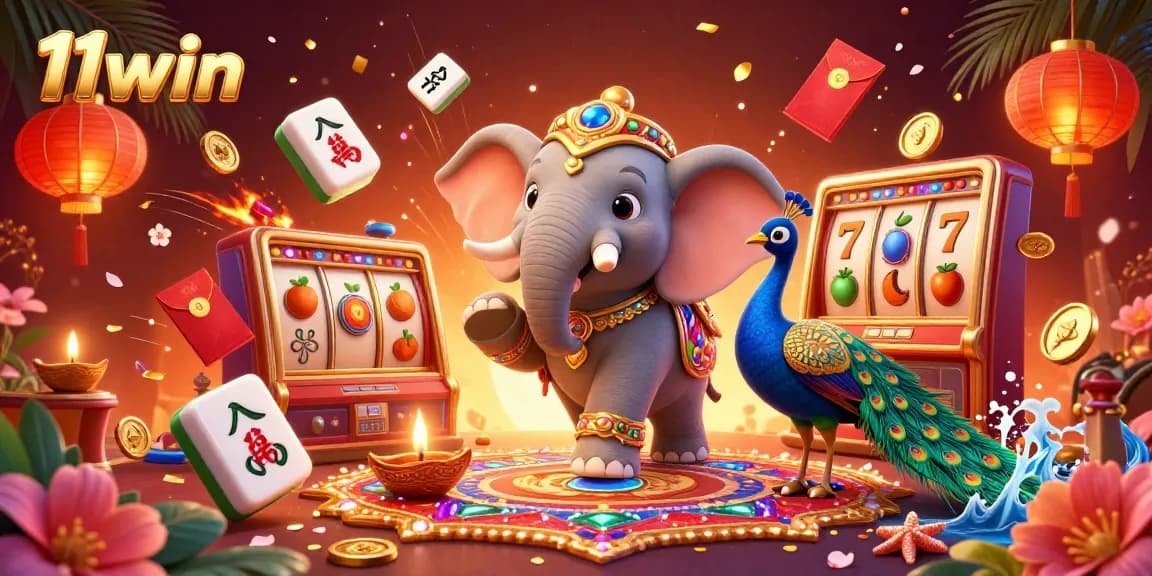 Engage with the vibrant 11win casino scene featuring the Diwali-themed elephant and dynamic slot machine elements.