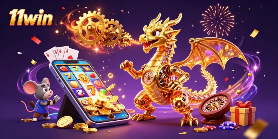 Engage with 11win's vibrant casino scene featuring a golden dragon and exciting slot games.