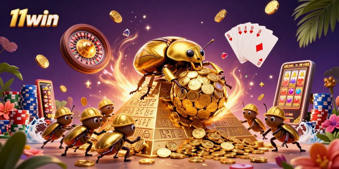 Spin the reels and savor wins with 11win's vibrant casino illustration, showcasing action-packed gaming.