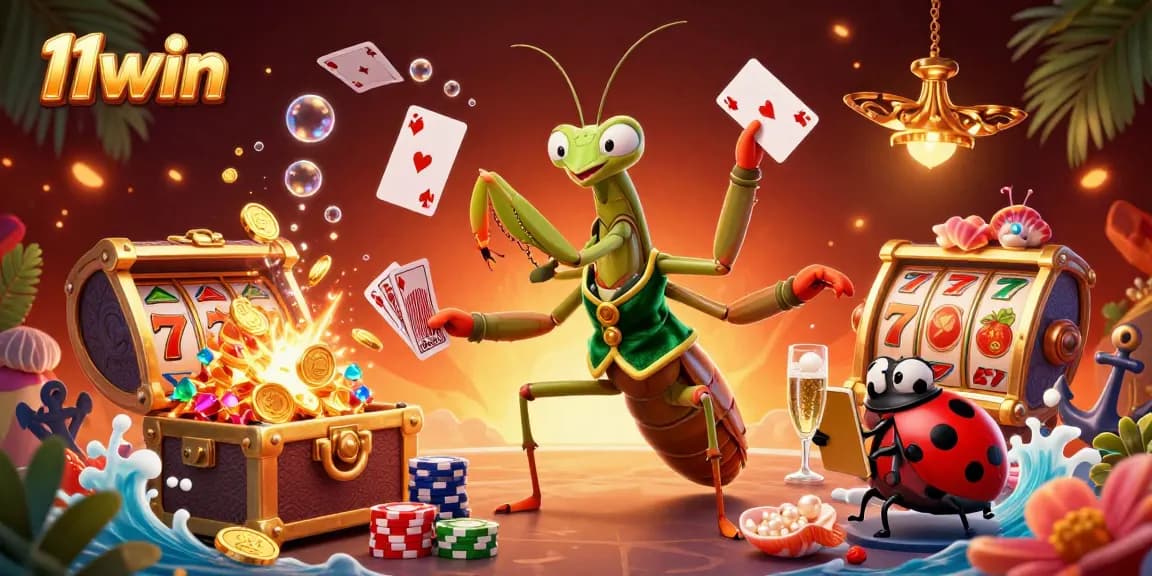 Engage with 11win in this vibrant 3D casino scene featuring a mantis card sharp and thrilling game elements.
