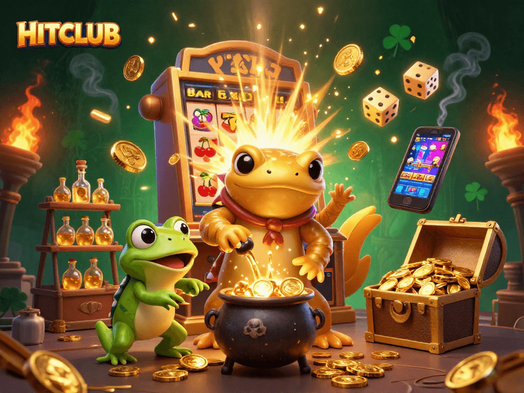 Experience the excitement of HITCLUB with captivating 3D casino elements, including jackpots and golden treasures.