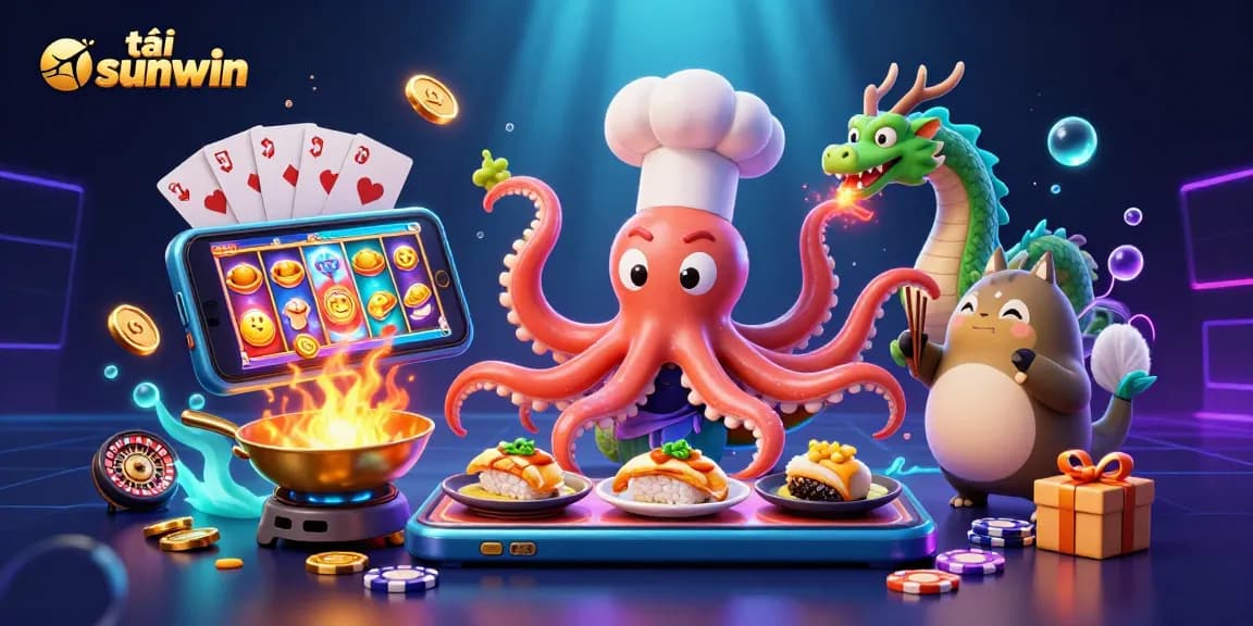 Play exciting slot games and download tải sunwin with a vibrant casino-themed illustration showcasing an octopus chef.