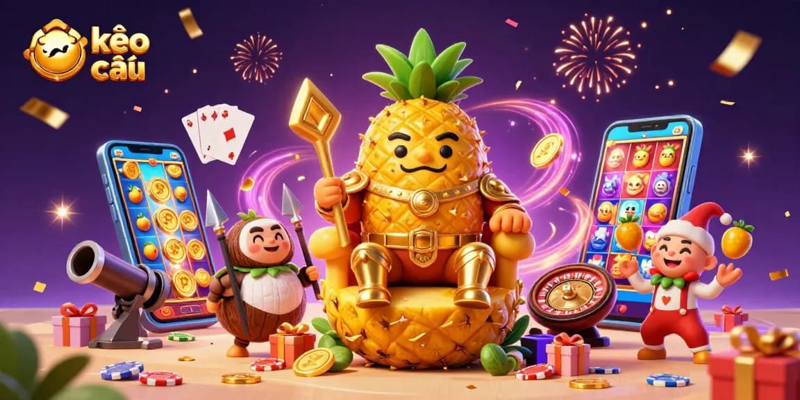 Experience the thrill of kèo nhà cái with a vivid illustration of a beach casino scene packed with cartoon characters and gaming elements.