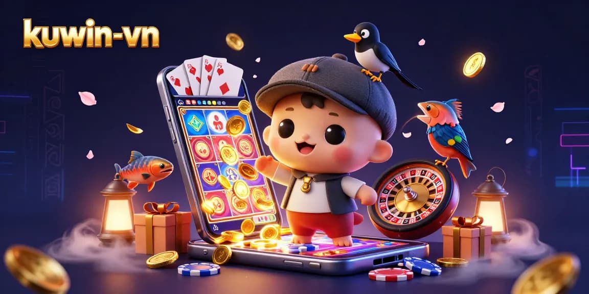 Experience excitement with kuwin-vn in this vibrant 3D casino illustration filled with games and gold!