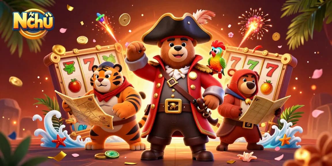 Nổ hũ showcases a vibrant pirate-themed slot adventure, featuring dynamic 3D characters and festive elements.