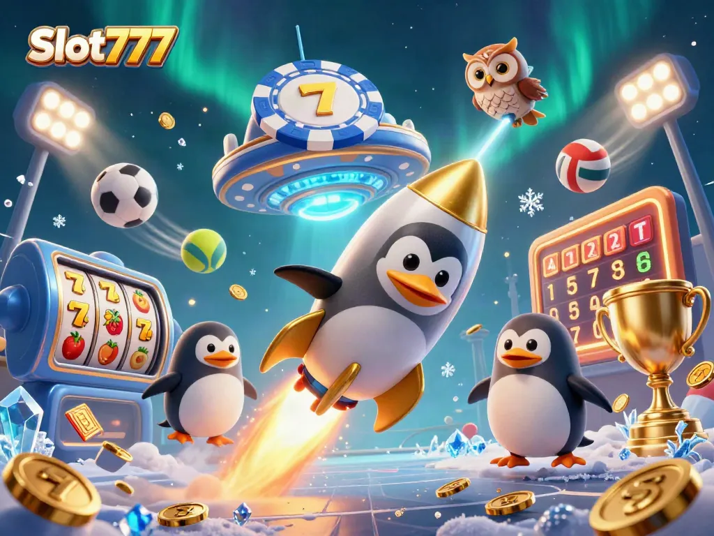 Menangkan peluang besar dengan Slot777 dalam ilustrasi kasino 3D penuh warna.