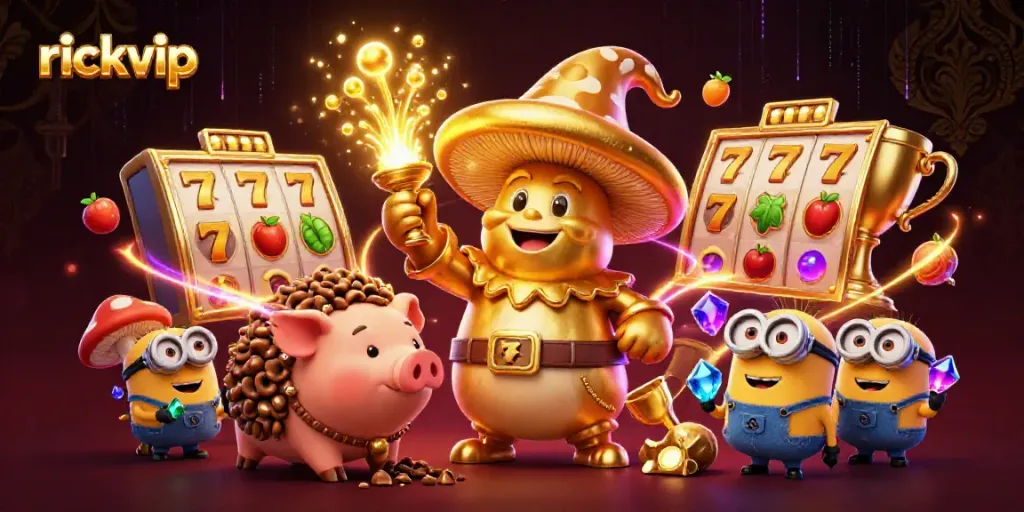 Experience the magic of rickvip with golden and vibrant scenes of winning possibilities in an enchanting casino atmosphere.