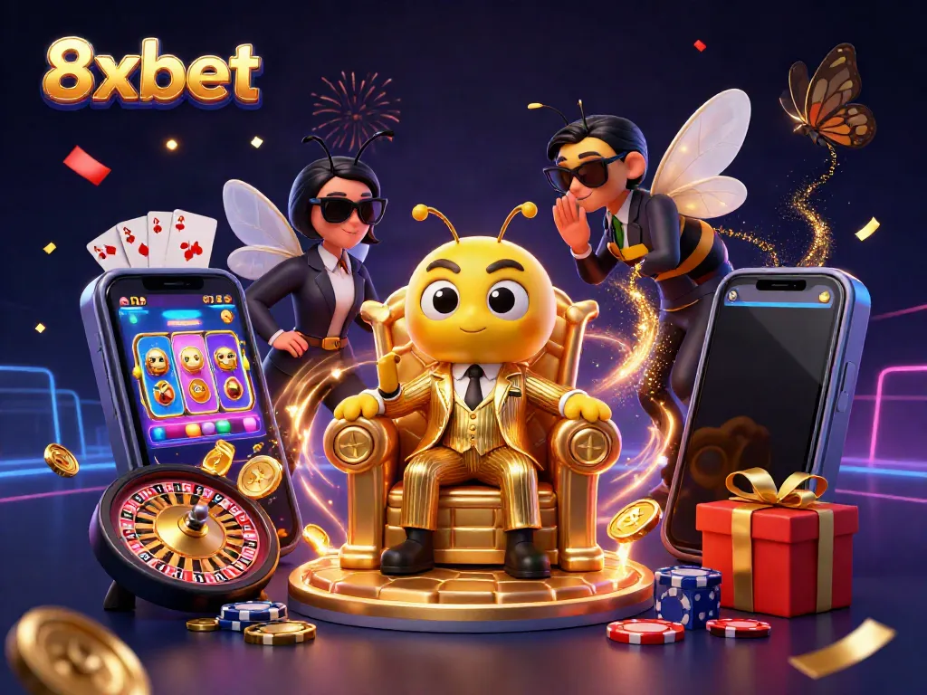 Experience thrilling wins at 8xbet with a colorful online casino illustration featuring vibrant gaming action.