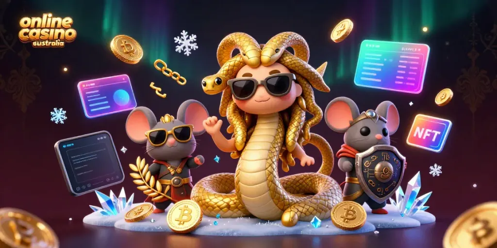 Engage with online casino Australia featuring Medusa and a brave mouse amidst vibrant crypto elements.