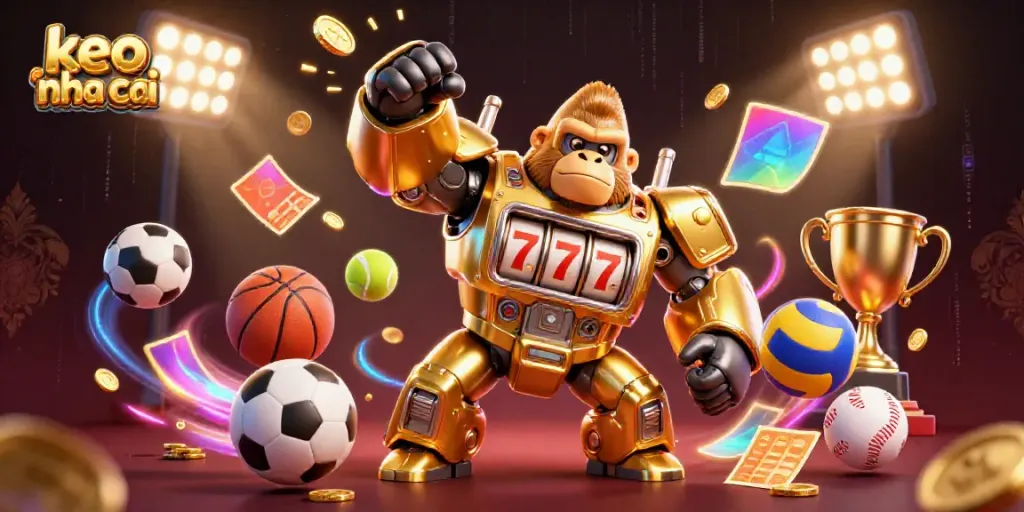 Experience thrilling keo nha cai dynamics with a golden gorilla mech amidst vibrant sports elements.