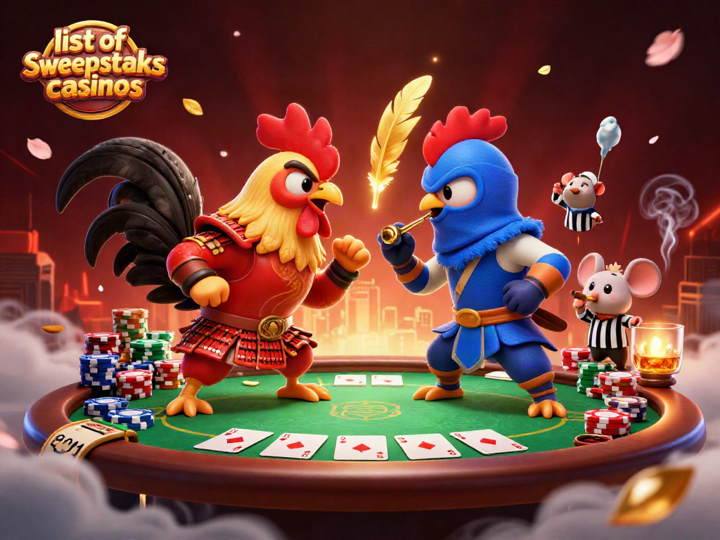Engage in thrilling action at the list of sweepstakes casinos with fighting roosters in a dramatic standoff.