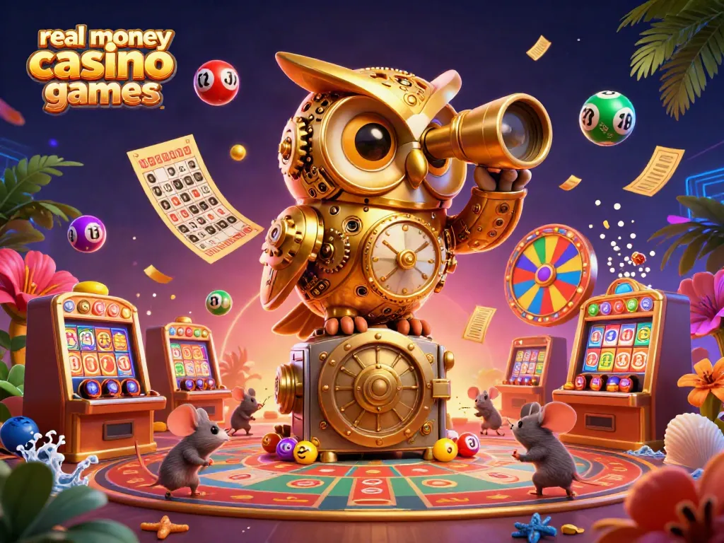 Engage with real money casino games in a vibrant, cartoonish casino scene featuring a clockwork owl and lively elements.