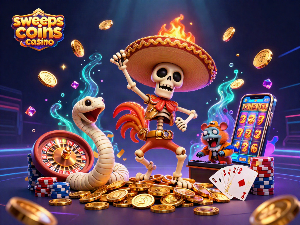Engage with sweeps coins casino through an exciting 3D scene of colorful animated characters and casino elements.